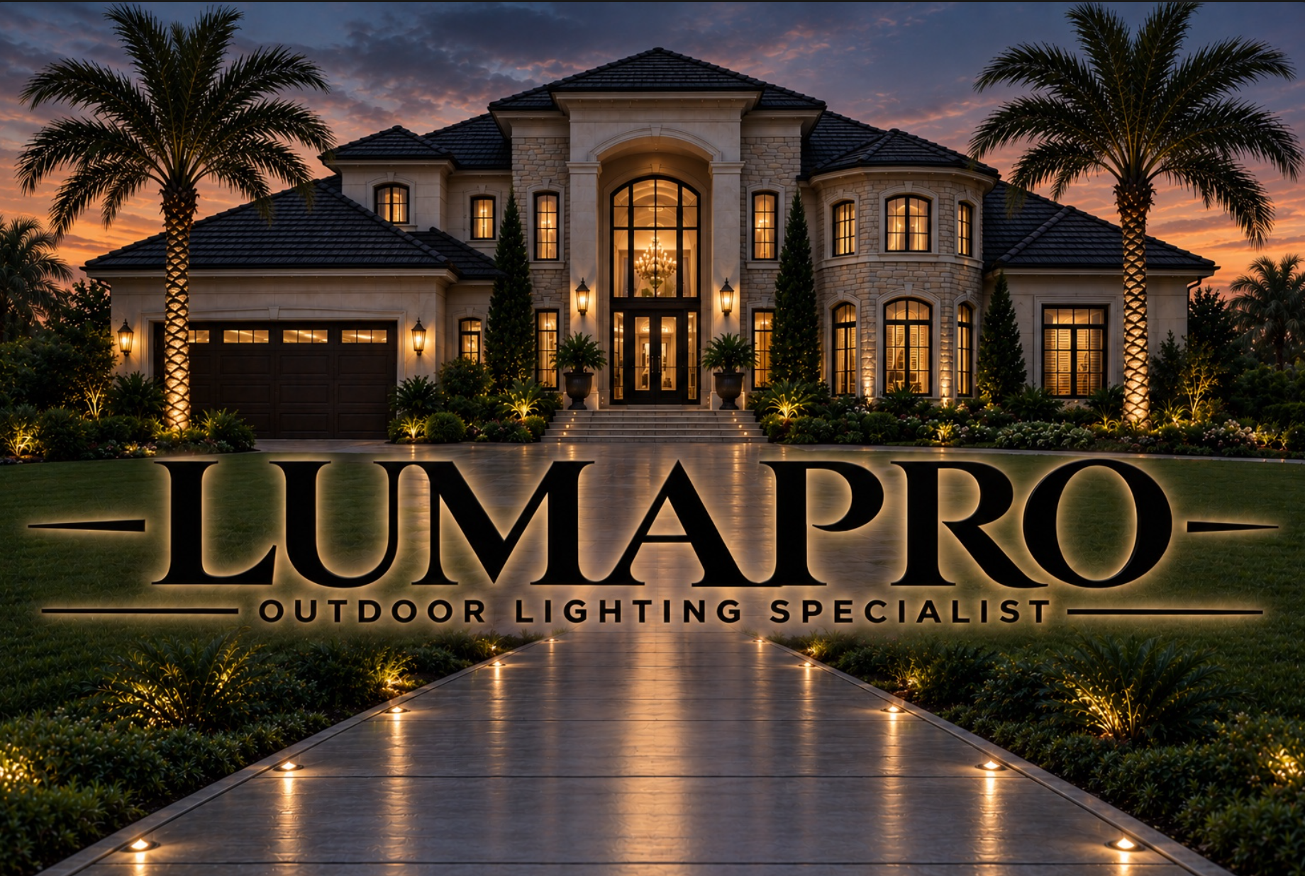 LumaPro Outdoor Lighting Specialist logo over a warmly illuminated home and landscaped entrance